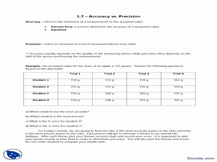 Precision and accuracy worksheet answers