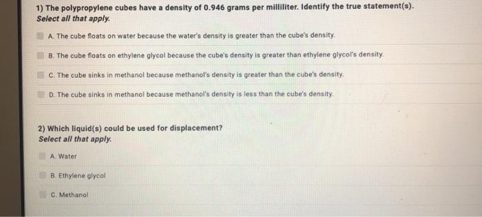 The polypropylene cubes have a density of 0.946